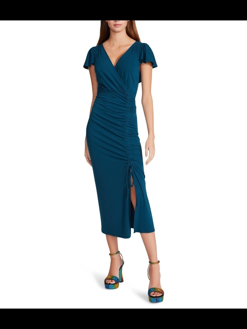 Betsey Johnson 291222 Rib Flutter Sleeve Midi Ruched Slit Blue Sapphire XL
